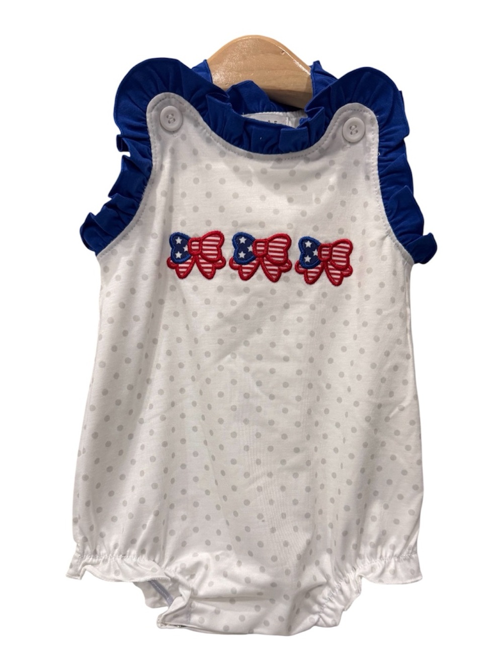 Girls' White Polka Dot Ruffle Romper with Blue Trim and Patriotic Bow Detail